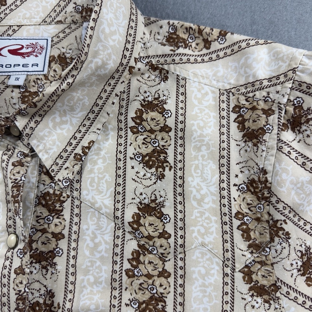 Roper Western Pearl Snap Shirt Women 1X Tan Floral Stripe Cotton Cowgirl Top - Picture 5 of 8
